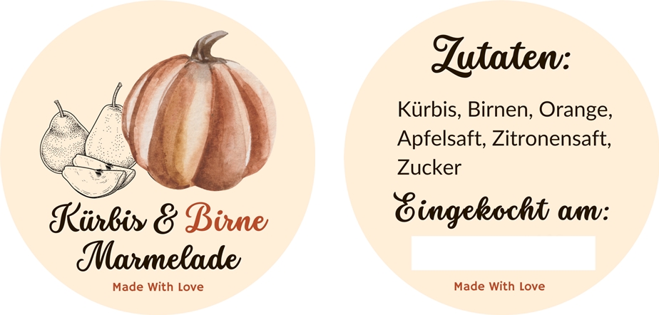 Etiketten für Kürbis-Birnen Marmelade